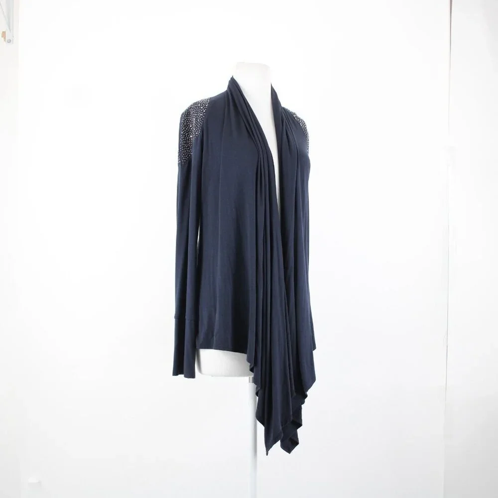 S Twelve $59 Sz M Navy Blue Gunmetal Studded Shoulders Collared Rayon Wrap - Picture 16 of 16
